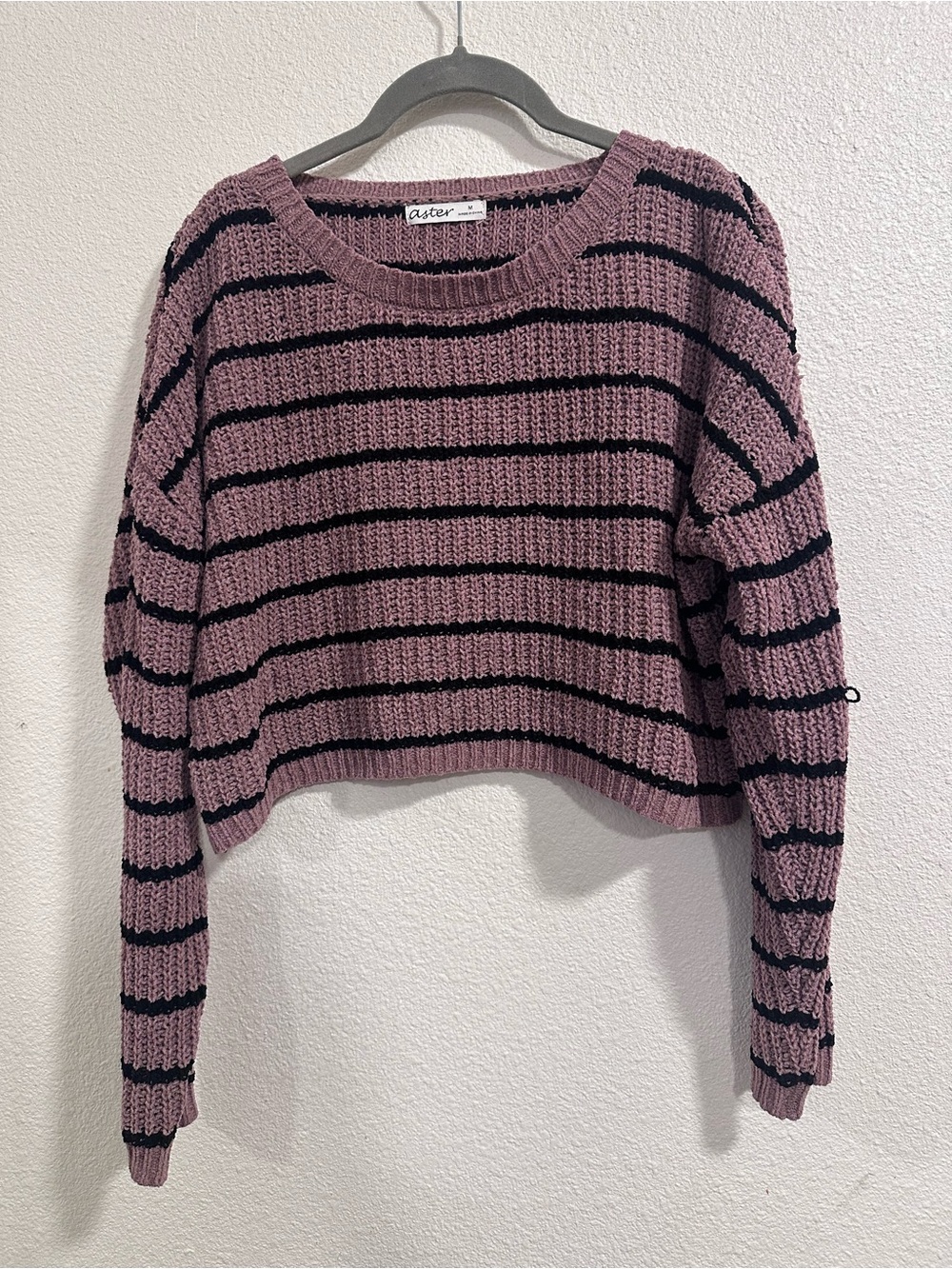 Aster Cropped Crewneck Sweater in Mauve with Black Stripes